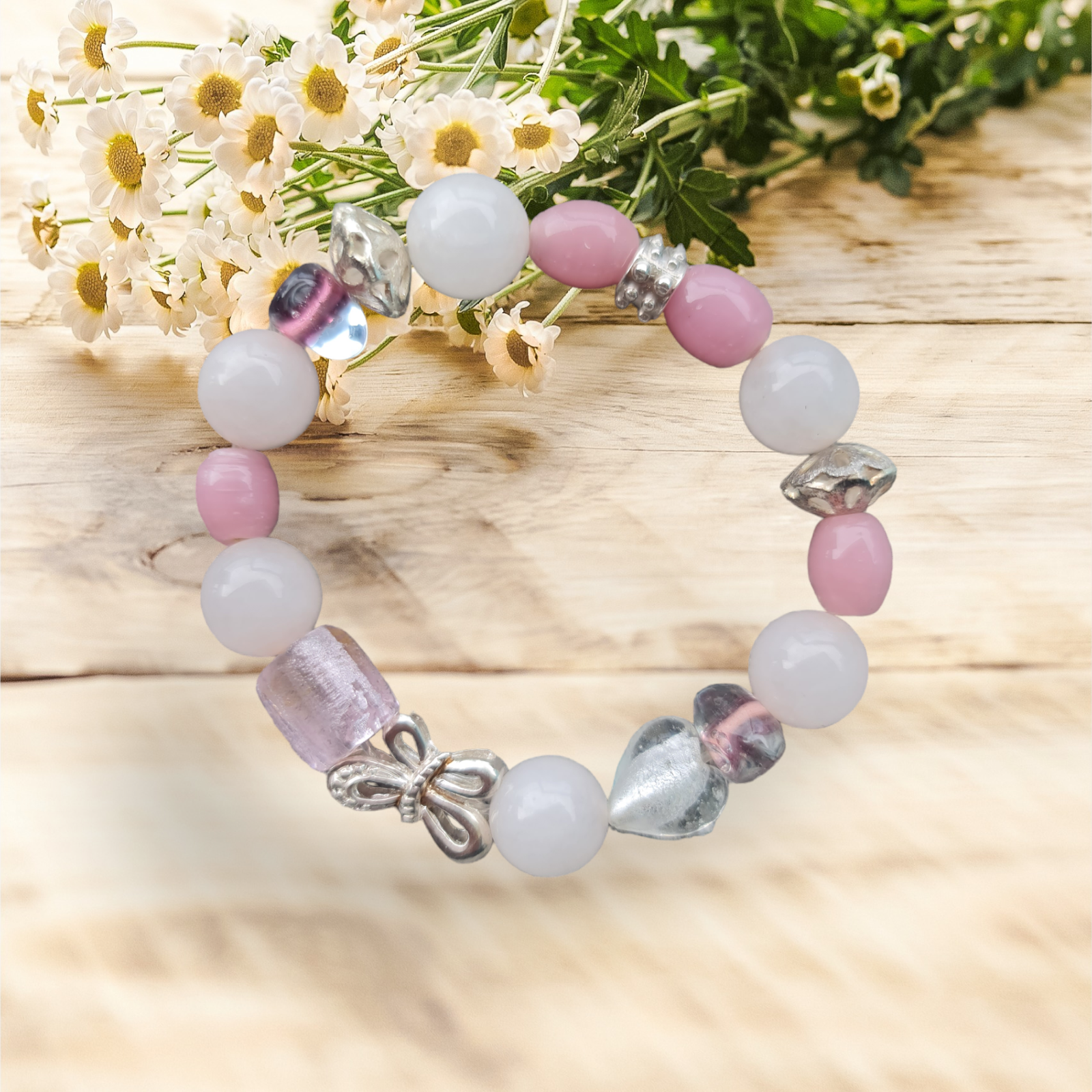 Sterling Silver butterfly and Rose Quartz bracelet made by SunnyChic Healing Bracelets